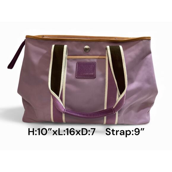 Coach Hamptons nylon tote bag purple striped and tan leather trim. - Picture 2 of 7
